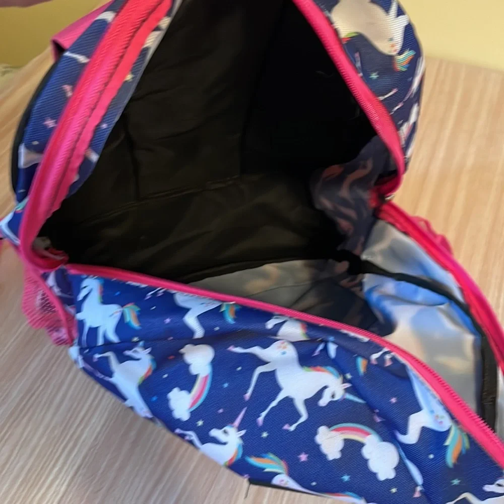 Unicorn backpack blue and pink matching pencil case rainbows girl kids youth